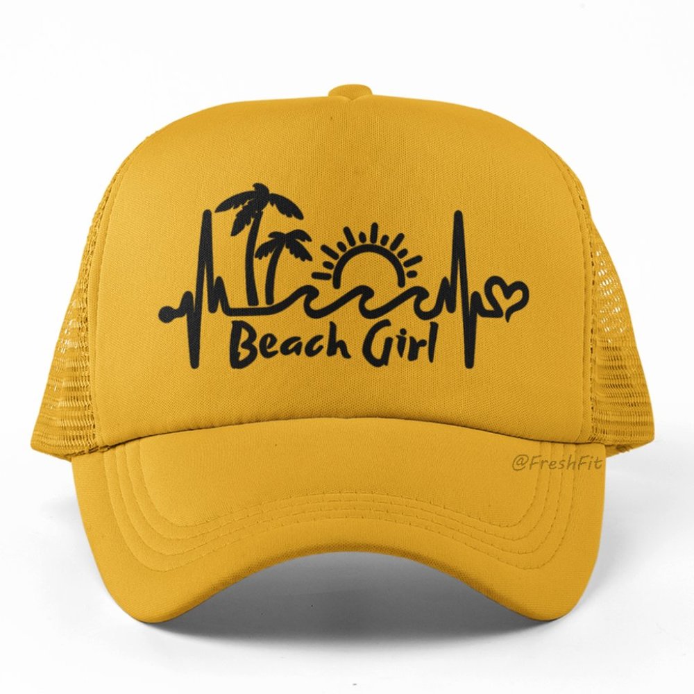 🆕Beach Girl Heartbeat Scene Foam Trucker Hat Mesh Snapback Cap Golden Yellow